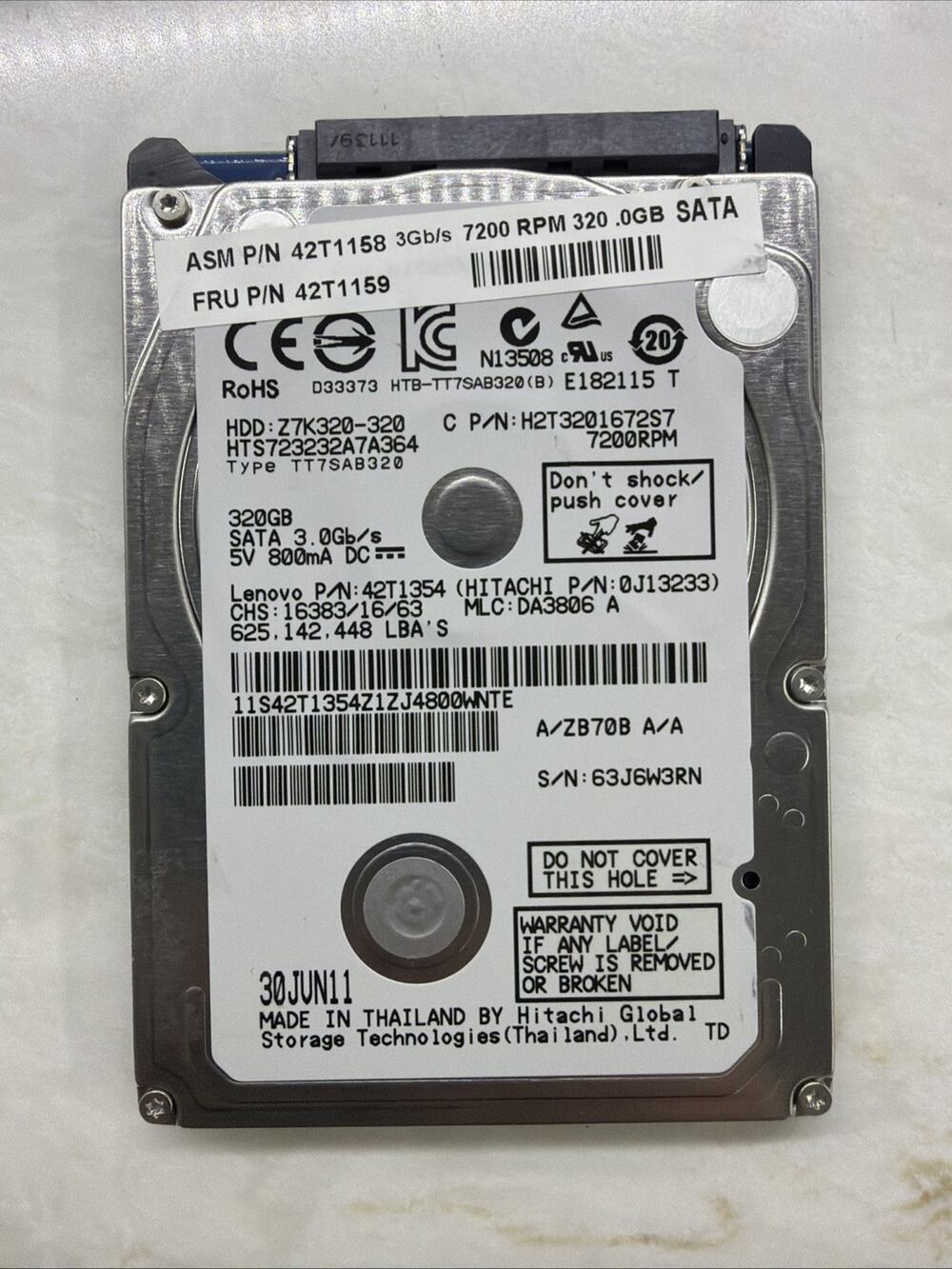 Hitachi 320GB 7200RPM 2.5" Laptop Hard Drive SATA 3.0Gb/s HTS723232A7A364 100%